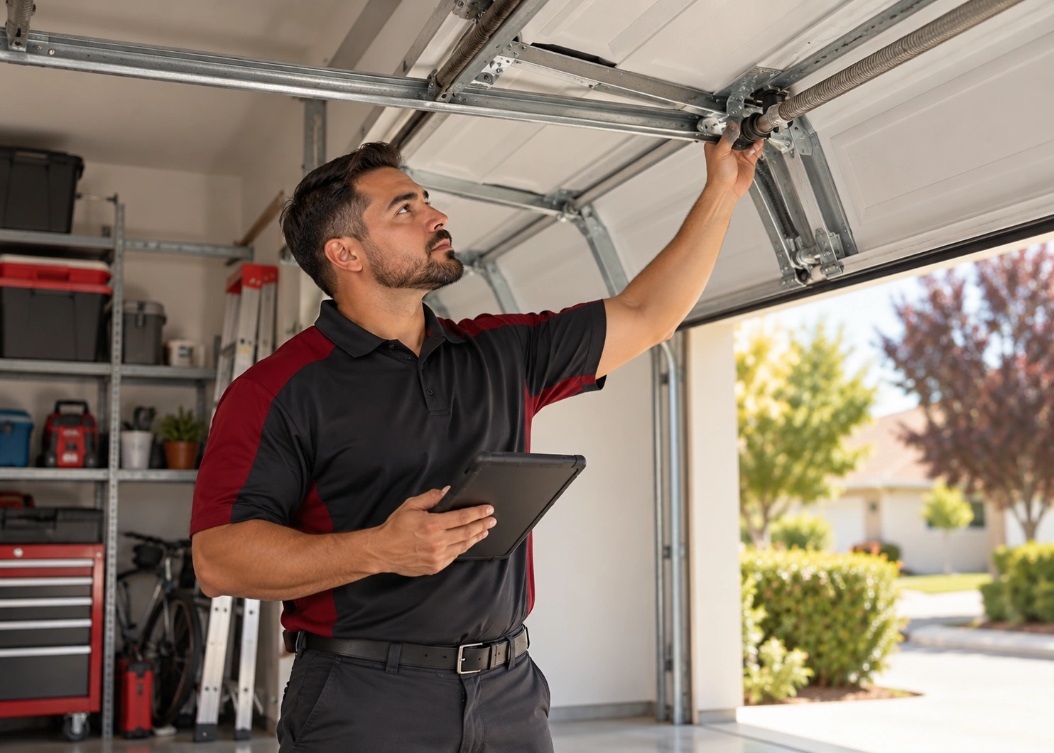 Garage door technician inspecting a residential garage door in Turlock